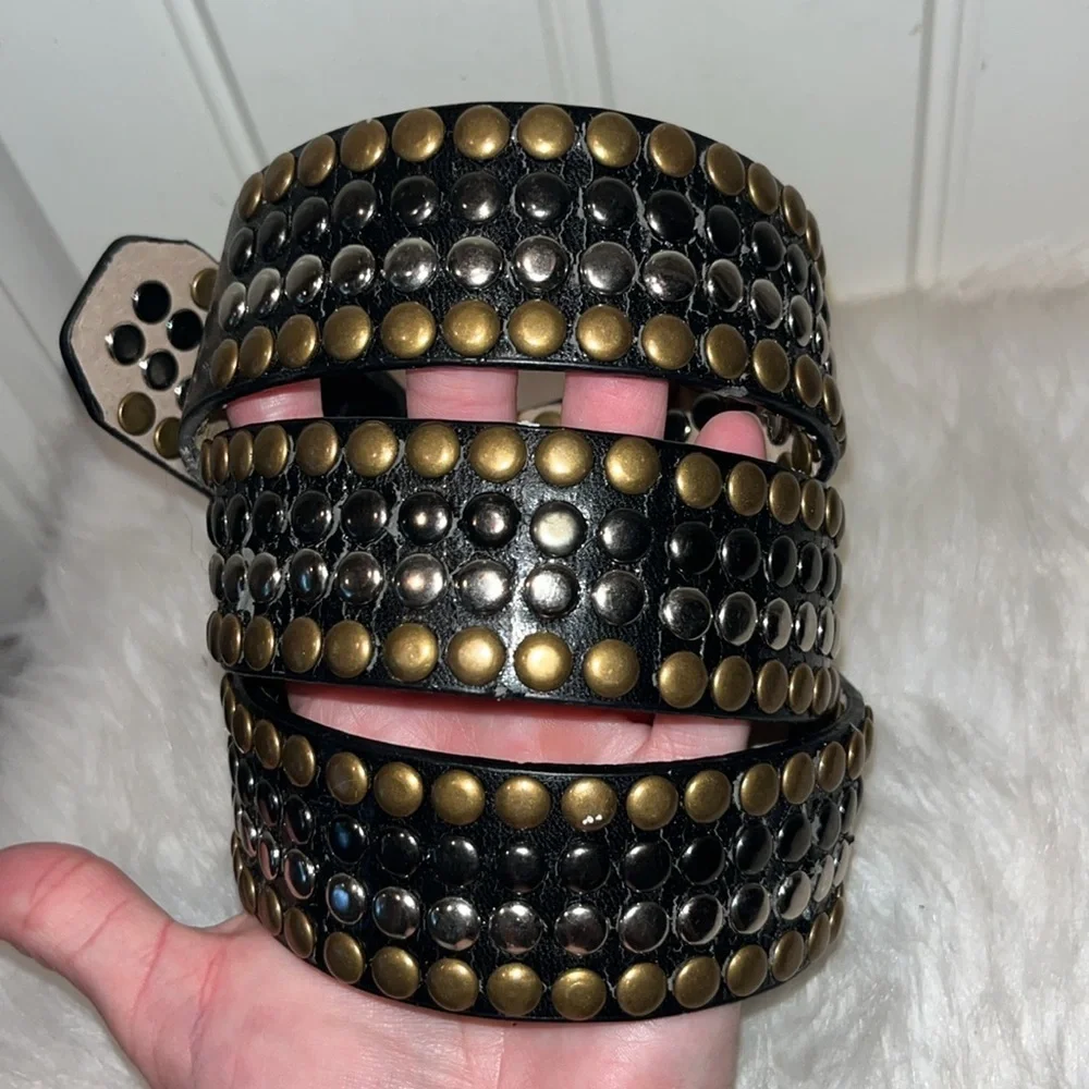 Black leather all over studded belt biker grunge street moto goth approx size L